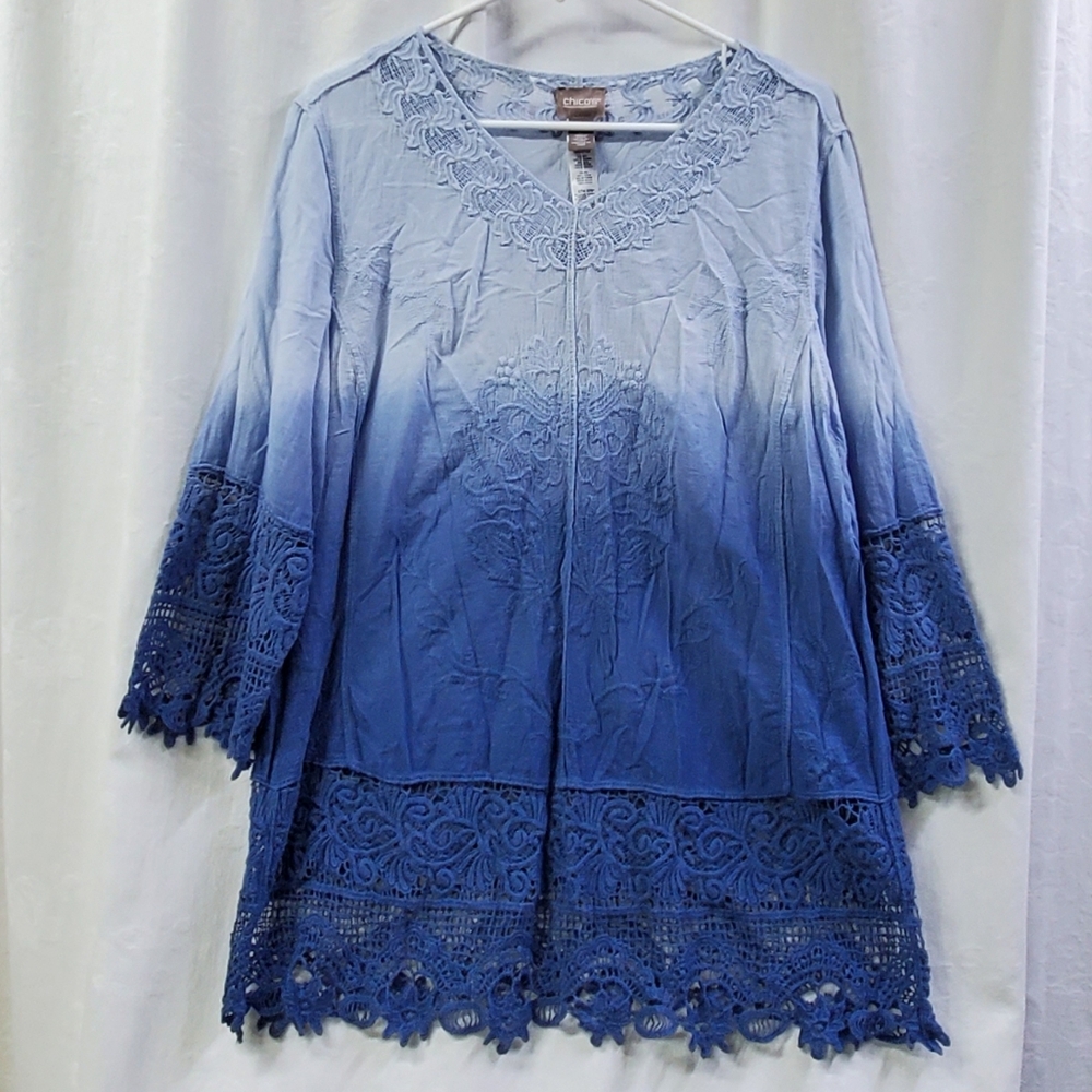 Chico's NWT Women's Blue Ombre Lace Trim Embroidered Boho Pullover Tunic Large - Picture 6 of 10